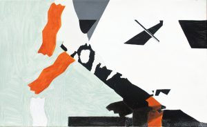 An abstract painting: striking orange elements juxtaposed against the pale green, black, and white background