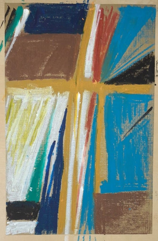 An abstract composition of blue, brown, and yellow resembling a window with moonlight coming in.