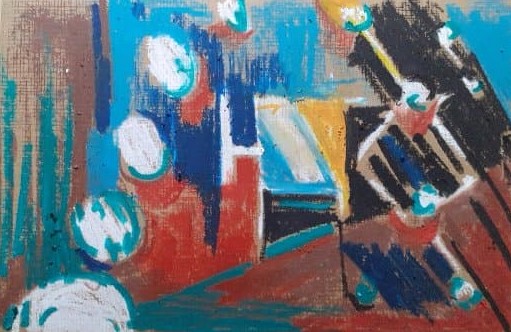 An abstract painting of what might be a street view of a passing car.