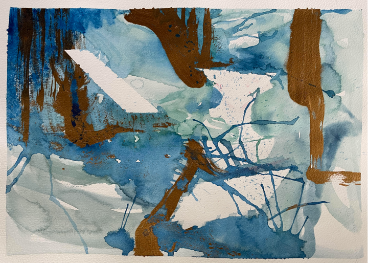Blue and brown shapes, like mist and trees in winter