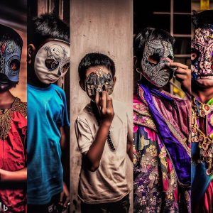 The picture presents several boys in ethnic masks