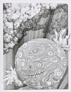 This black-and-white drawing presents a planet that seems to be covered with eyes.